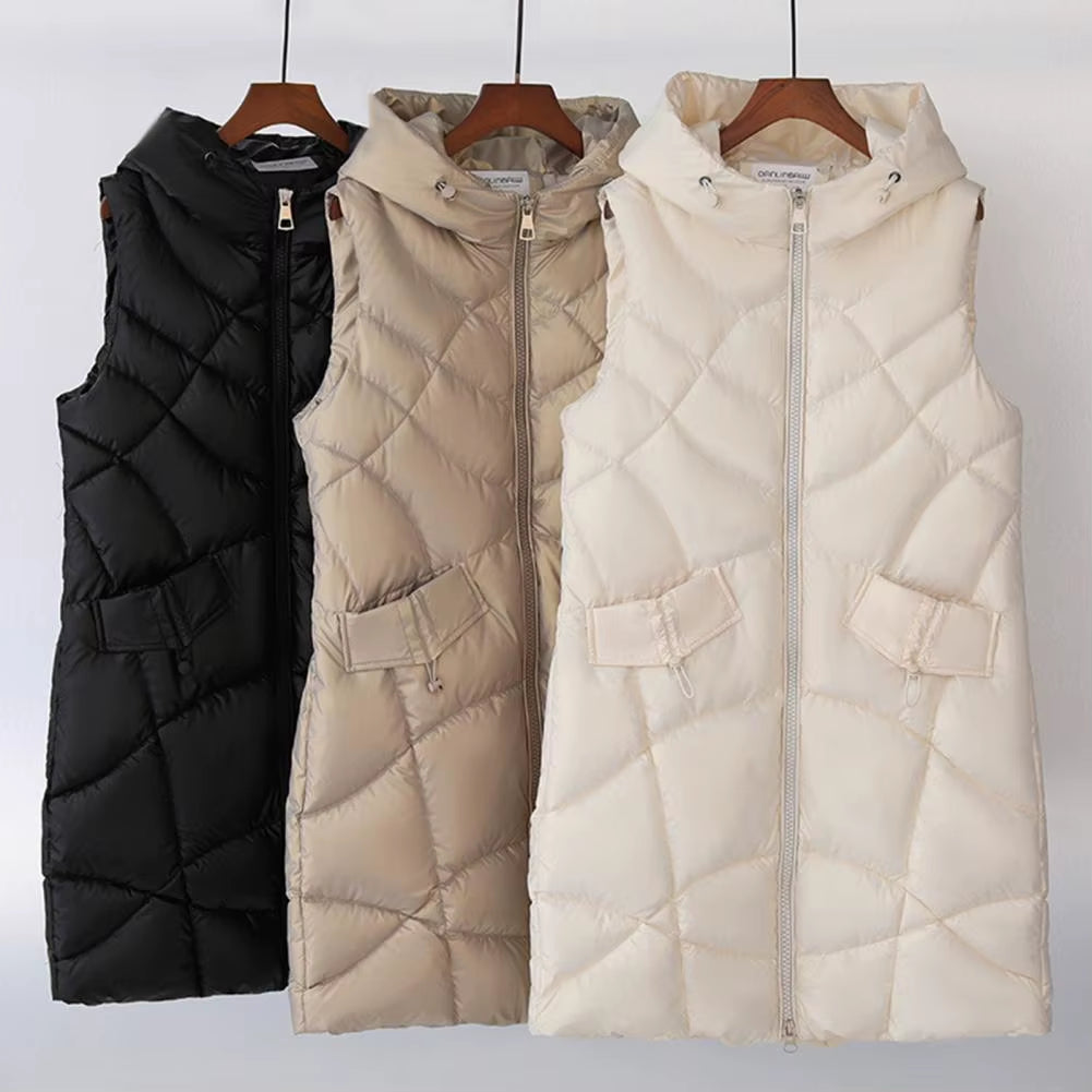 Sleeveless Hooded Women's Winter Vest, Mid-Length, Stand Collar, Slim Fit Padded Coat, Warm Zippered Cotton Jacket