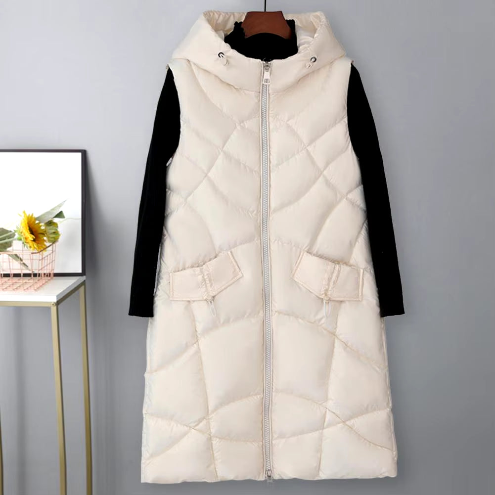 Sleeveless Hooded Women's Winter Vest, Mid-Length, Stand Collar, Slim Fit Padded Coat, Warm Zippered Cotton Jacket