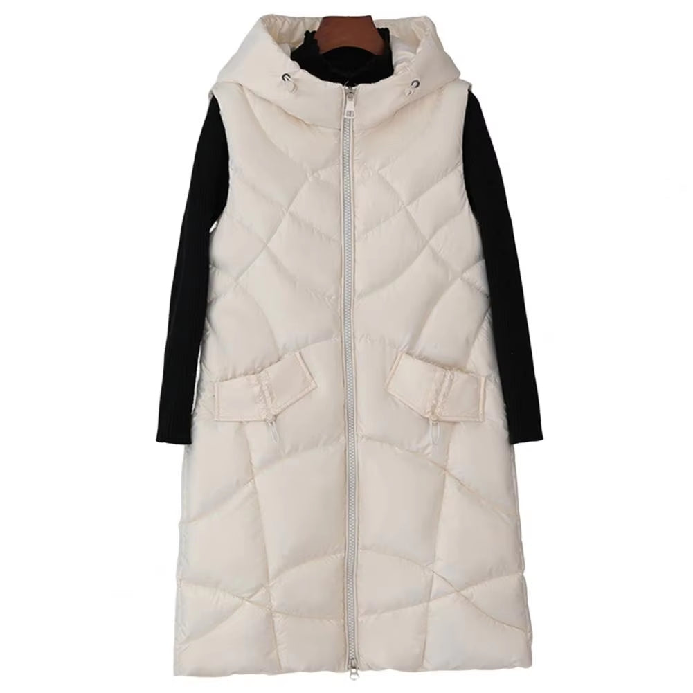 Sleeveless Hooded Women's Winter Vest, Mid-Length, Stand Collar, Slim Fit Padded Coat, Warm Zippered Cotton Jacket