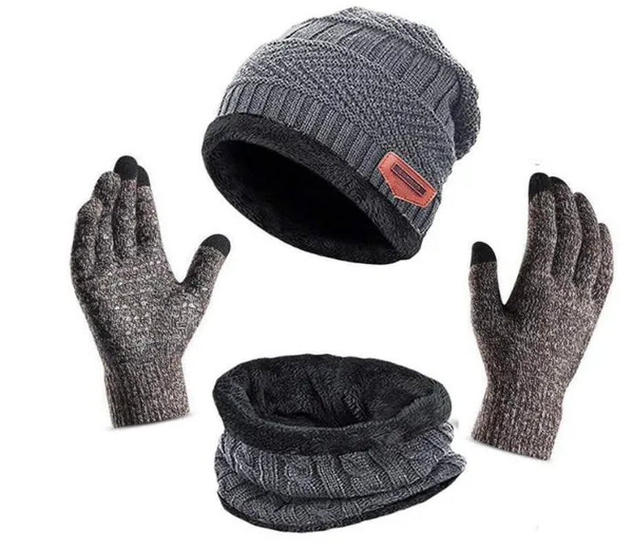 Pack of 3 Winter Knitted Beanies, Hats, Collars, Warm Gloves, Fleece Lining, Infinity Scarf, Men'S and Women'S Touch Screen Gloves