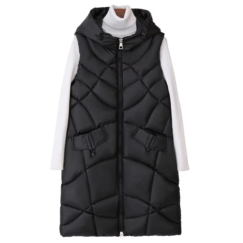 Sleeveless Hooded Women's Winter Vest, Mid-Length, Stand Collar, Slim Fit Padded Coat, Warm Zippered Cotton Jacket