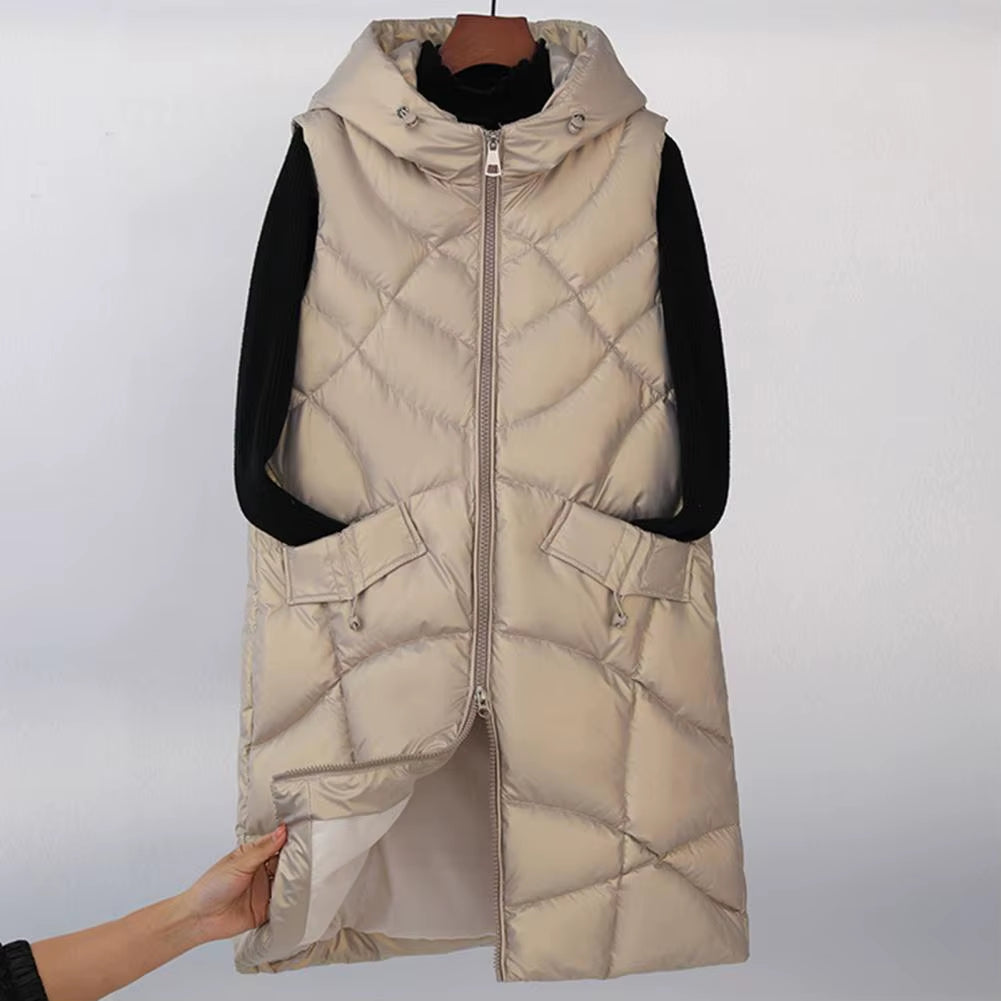 Sleeveless Hooded Women's Winter Vest, Mid-Length, Stand Collar, Slim Fit Padded Coat, Warm Zippered Cotton Jacket