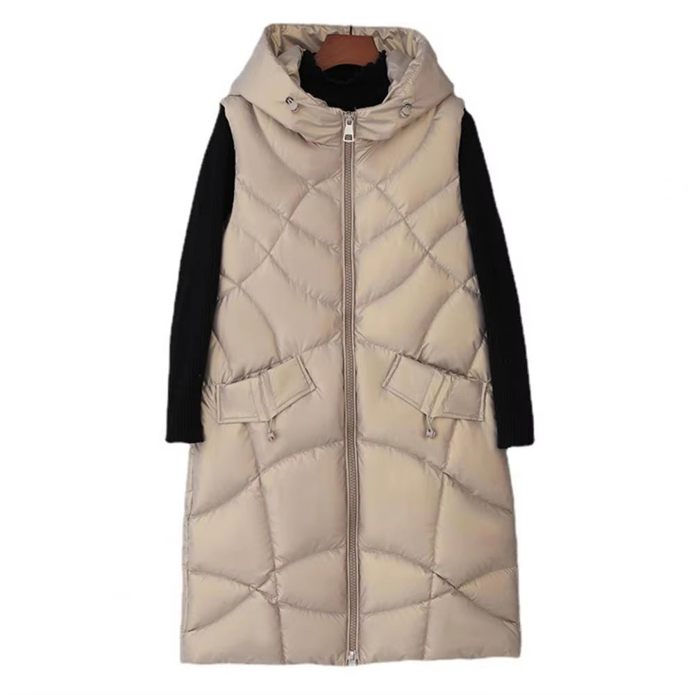 Sleeveless Hooded Women's Winter Vest, Mid-Length, Stand Collar, Slim Fit Padded Coat, Warm Zippered Cotton Jacket