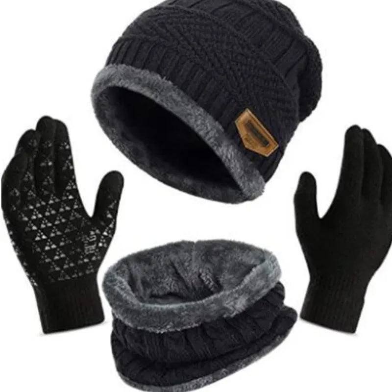 Pack of 3 Winter Knitted Beanies, Hats, Collars, Warm Gloves, Fleece Lining, Infinity Scarf, Men'S and Women'S Touch Screen Gloves