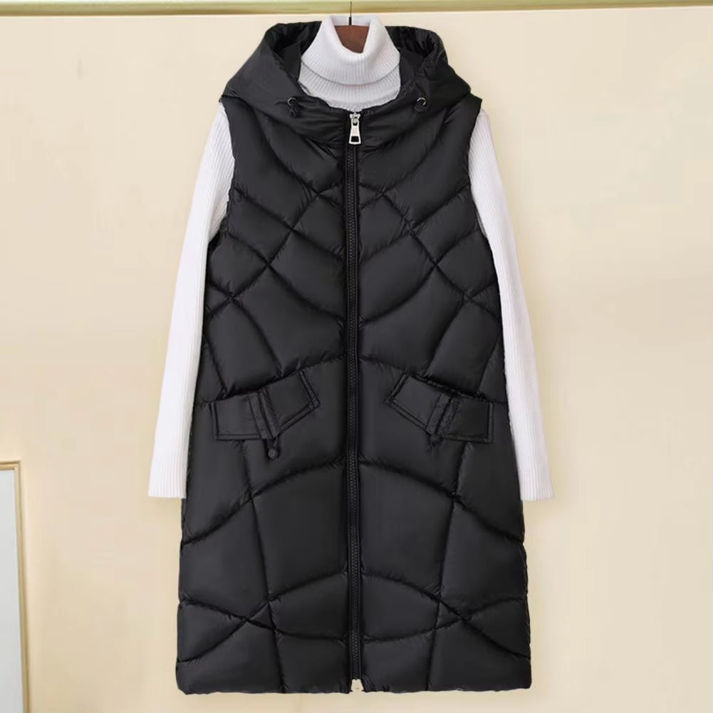 Sleeveless Hooded Women's Winter Vest, Mid-Length, Stand Collar, Slim Fit Padded Coat, Warm Zippered Cotton Jacket